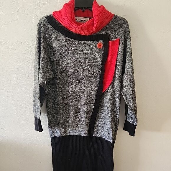 Vintage 80s A'Milano Knit Acrylic Mom Sweater Dress USA Size Large Black Red - Picture 1 of 4